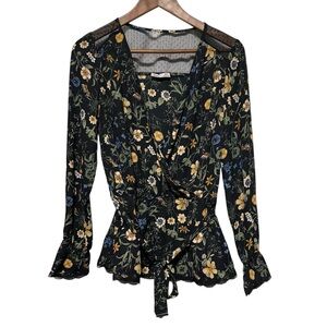 Dex Black Floral Wrap Top Lace Back Flared Cuffs S | Cottagecore Garden Romantic